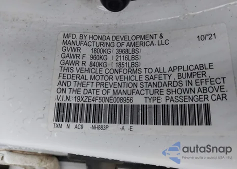 2022 Honda Insight Ex из США, поврежденный, VIN 19XZE4F50NE008956